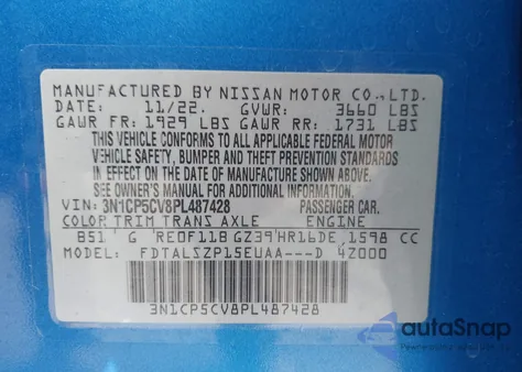 2023 Nissan Kicks Sv Xtronic Cvt from USA, damaged, VIN 3N1CP5CV8PL487428